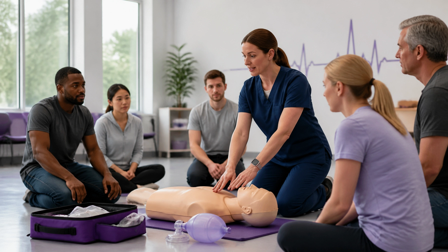 Nurse instructor coaching a small group during hands-on CPR training