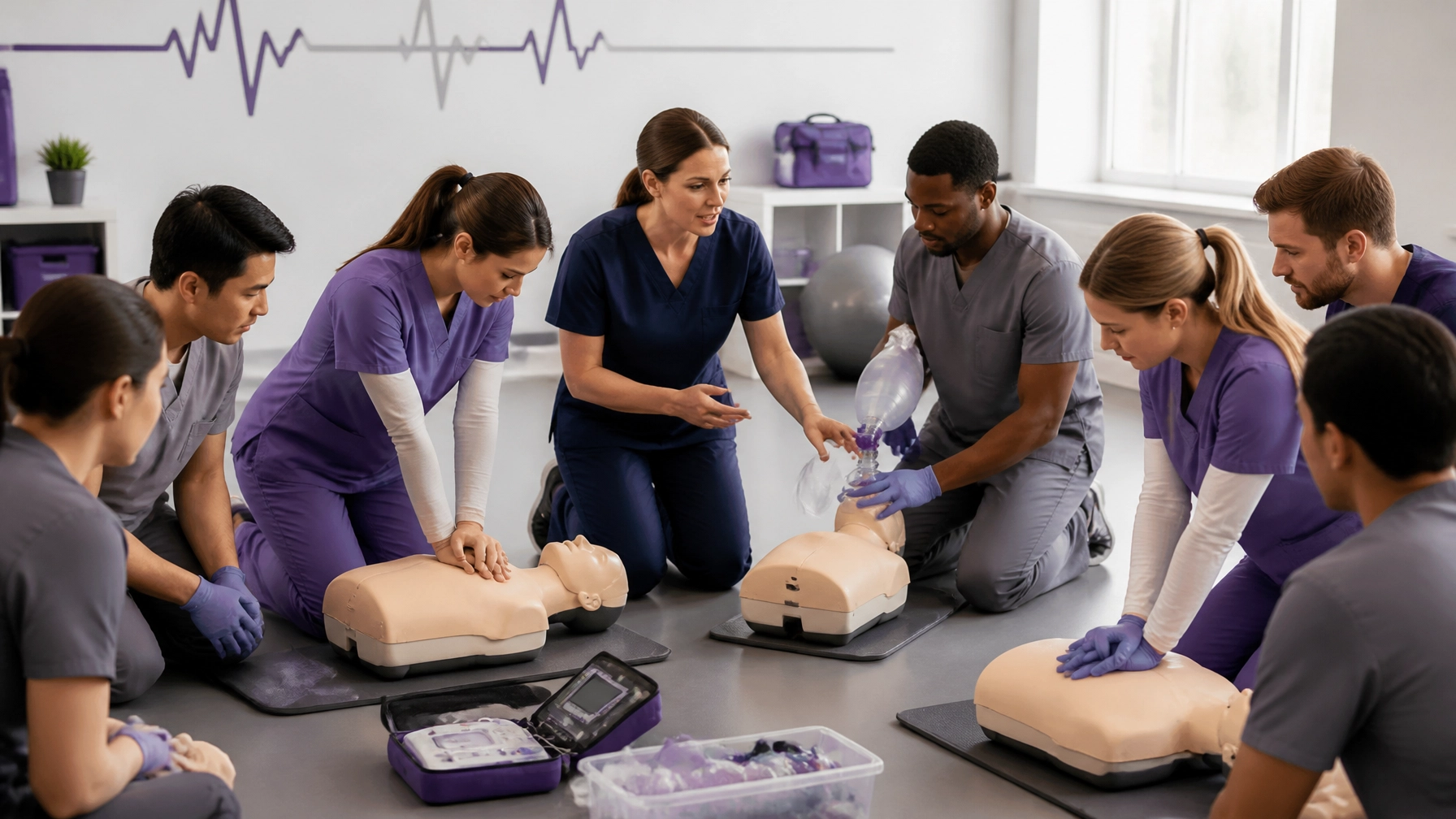 Small-group BLS class practicing two-rescuer CPR with nurse-led coaching