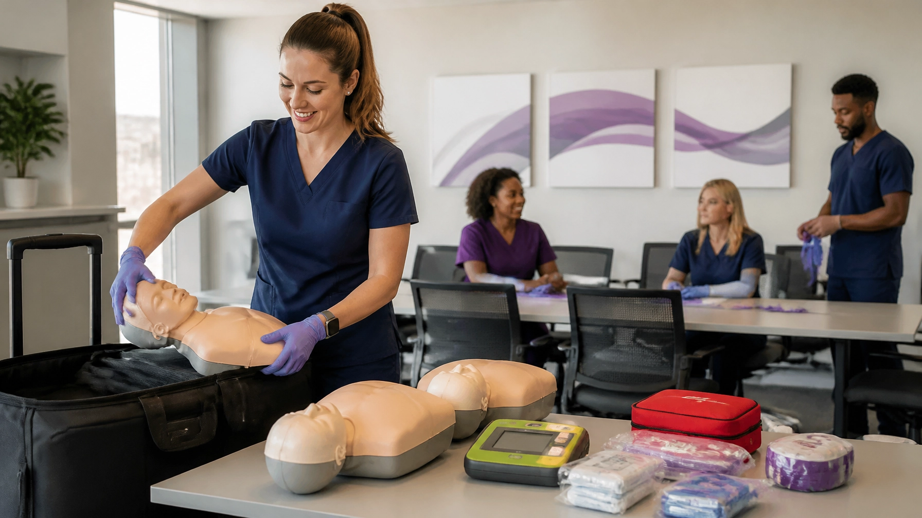 Nurse-led mobile safety training setup with CPR manikins, AED trainer, and first-aid equipment